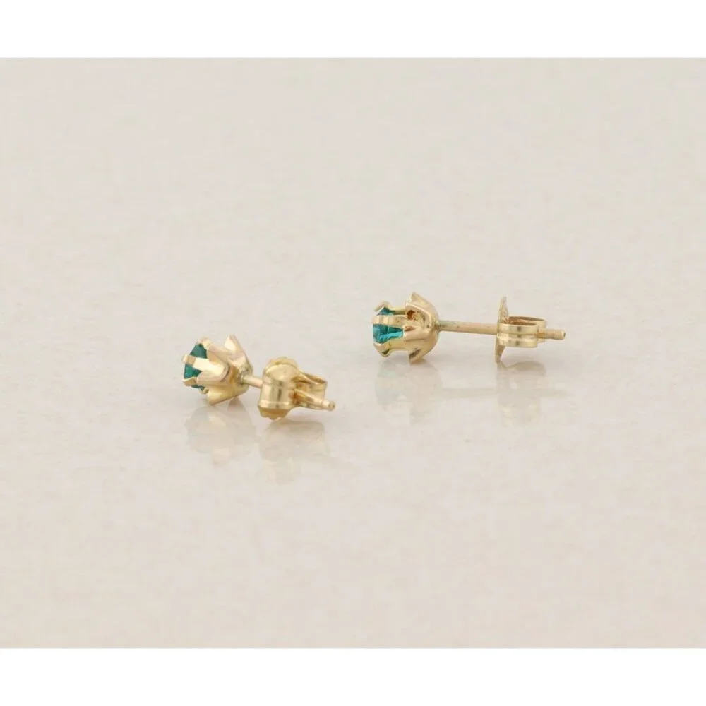 14k Yellow Gold Green Blue Teal CZ Earrings Stud Post 3/16" Flower Buttercup - Picture 9 of 9